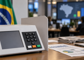 Urna eletrônica em cenário jornalístico sobre eleições presidenciais de 2026 no Brasil