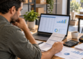Empreendedor analisando fluxo de caixa da empresa em laptop com planilhas e documentos financeiros