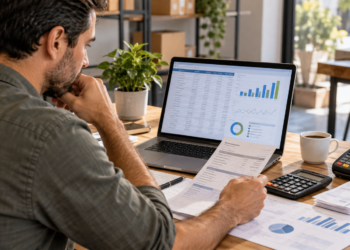 Empreendedor analisando fluxo de caixa da empresa em laptop com planilhas e documentos financeiros