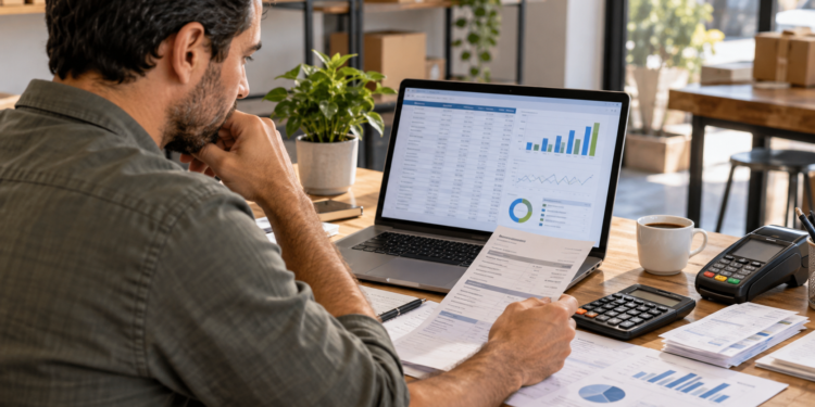 Empreendedor analisando fluxo de caixa da empresa em laptop com planilhas e documentos financeiros