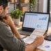 Empreendedor analisando fluxo de caixa da empresa em laptop com planilhas e documentos financeiros