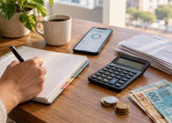 Pessoa organizando finanças pessoais com caderno, calculadora, celular e dinheiro sobre a mesa