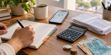 Pessoa organizando finanças pessoais com caderno, calculadora, celular e dinheiro sobre a mesa
